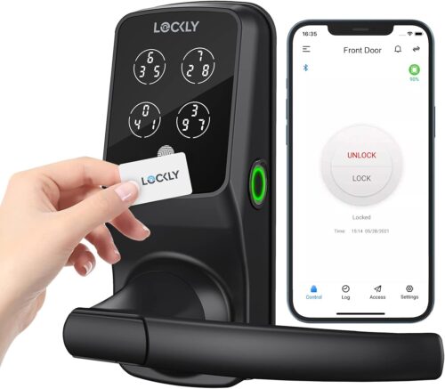 Lockly Secure Plus, Serrure intelligente à carte RFID, Serrure de porte d'entrée sans clé, Clavier NIP Genie®, Capteur d'empreintes digitales biométrique 3D, Serrure automatique - Noir mat (PGD628FCMB) - Édition Latch